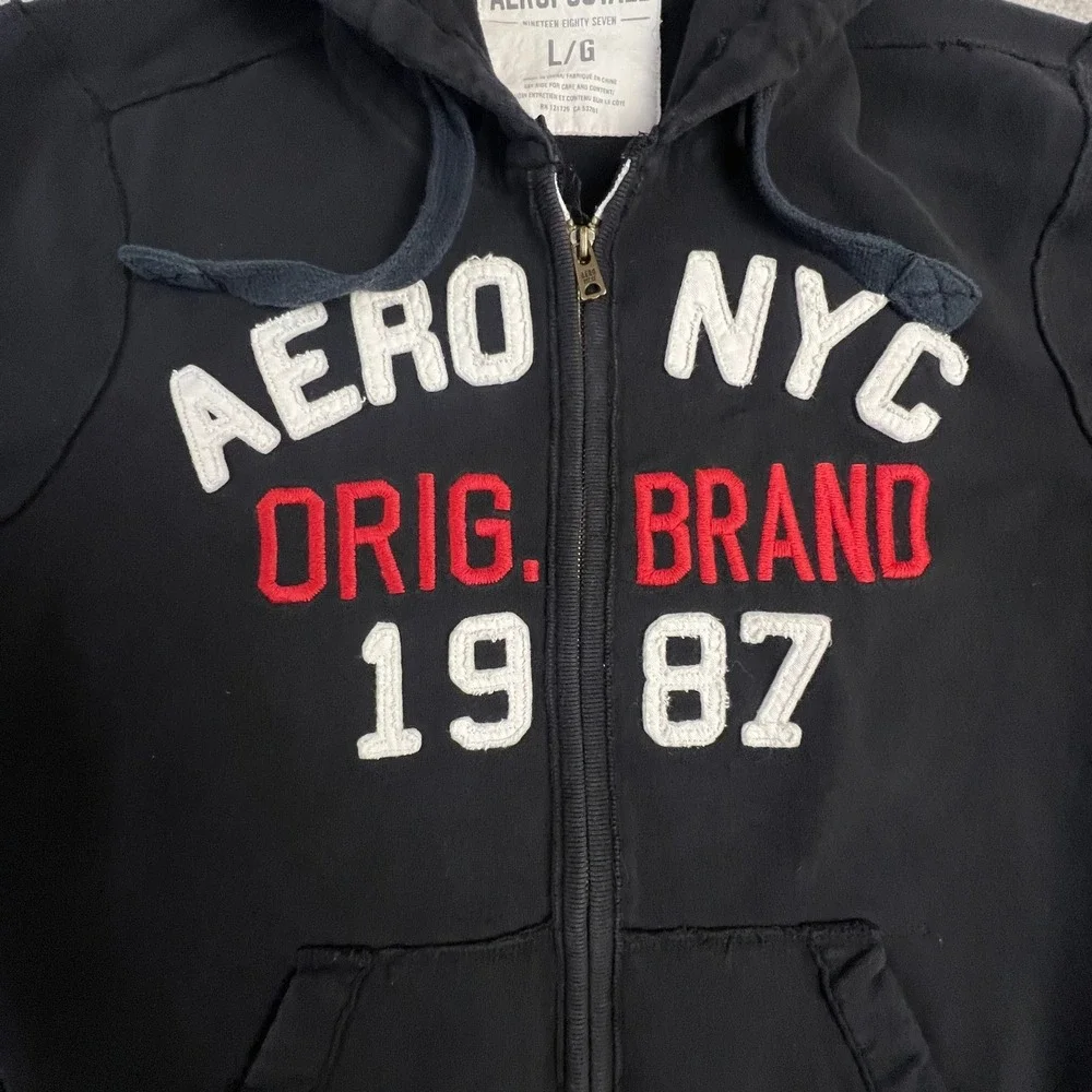 Aeropostale Mens Hoodie Large Black Sweatshirt FullZip Aero NYC 1987 Graphic Y2K